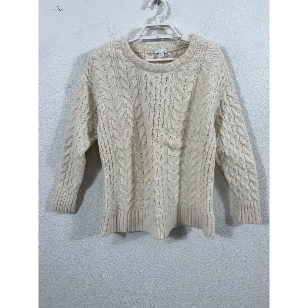 J Jill Sweater Womens Small Petite White Cable Knit Fisherman Wool Pullover